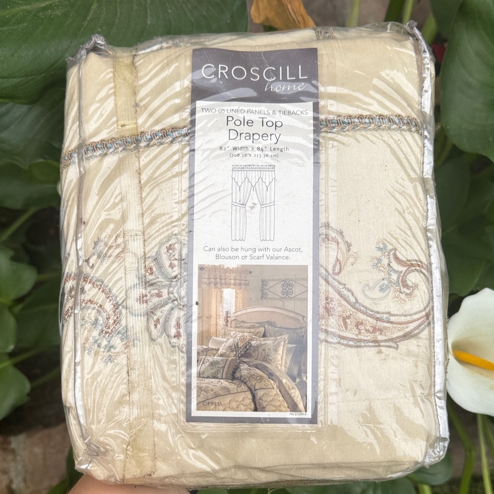Croscill Home Pole Top Drapery - Cream with Blue & Brown Scroll